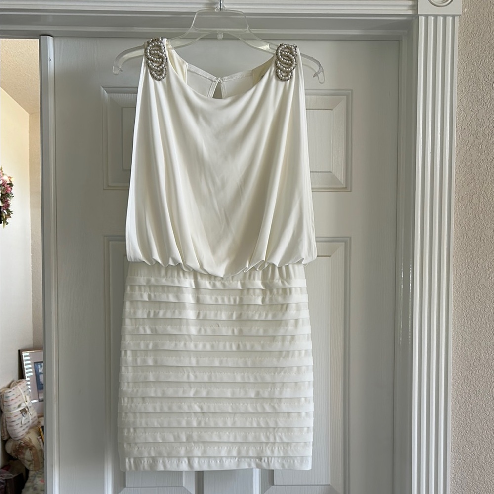 Xscape Cream Sheath Mini Dress with Cowl Neck